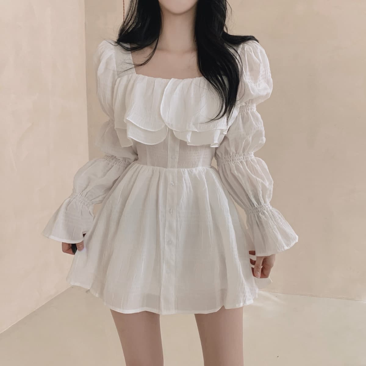 있음 선적 사이즈 업데이트 한국 chic 가을 프랑스식 달콤함 공주 소매 프릴 슬림해 보이는 드레스 상세 이미지 12