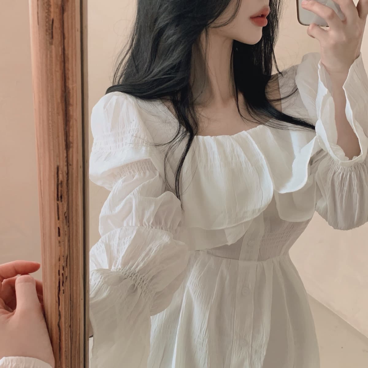 있음 선적 사이즈 업데이트 한국 chic 가을 프랑스식 달콤함 공주 소매 프릴 슬림해 보이는 드레스 상세 이미지 14