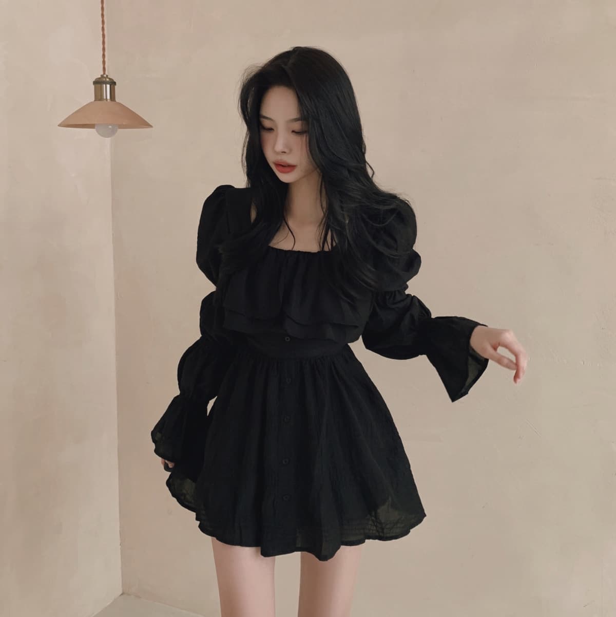 있음 선적 사이즈 업데이트 한국 chic 가을 프랑스식 달콤함 공주 소매 프릴 슬림해 보이는 드레스 상세 이미지 15