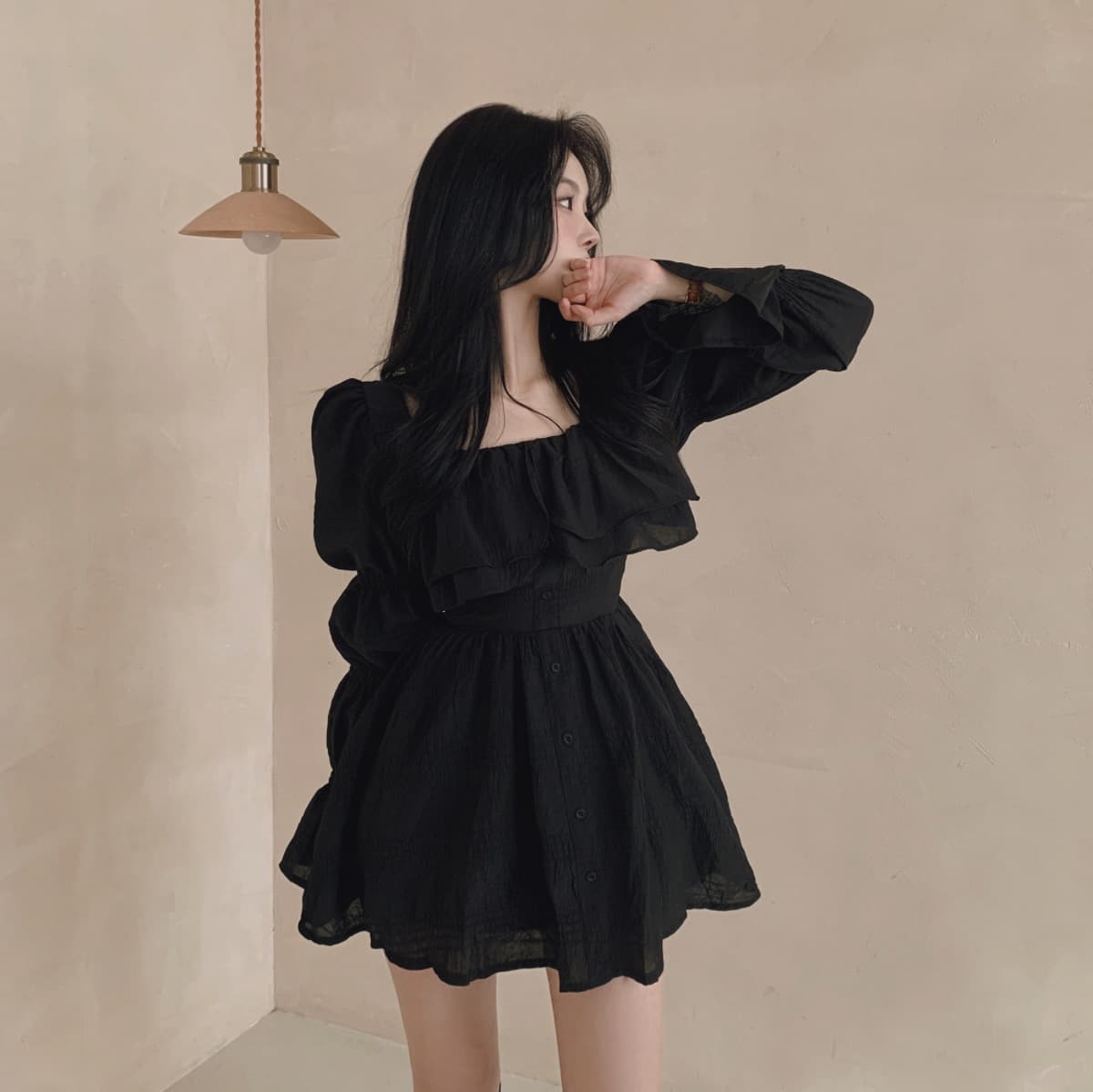 있음 선적 사이즈 업데이트 한국 chic 가을 프랑스식 달콤함 공주 소매 프릴 슬림해 보이는 드레스 상세 이미지 16