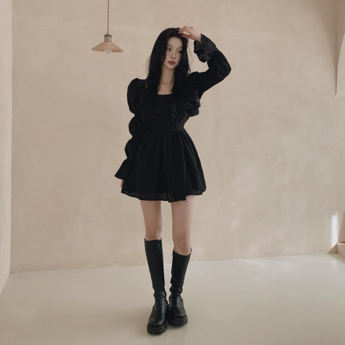 있음 선적 사이즈 업데이트 한국 chic 가을 프랑스식 달콤함 공주 소매 프릴 슬림해 보이는 드레스 상세 이미지 17