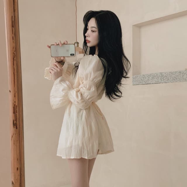있음 선적 사이즈 업데이트 한국 chic 가을 프랑스식 달콤함 공주 소매 프릴 슬림해 보이는 드레스 상세 이미지 25