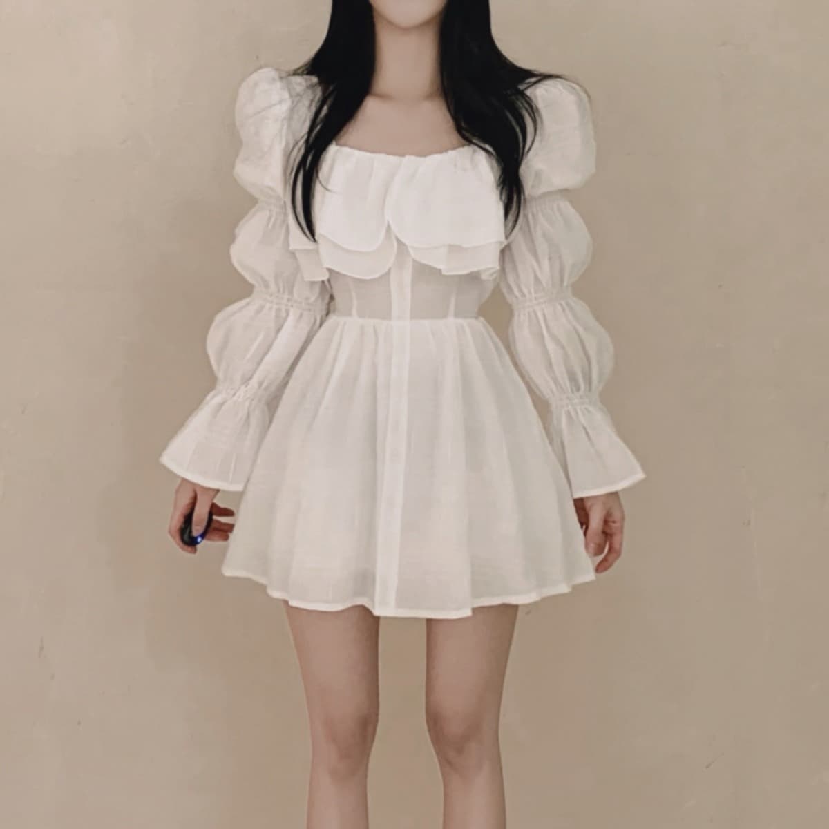 있음 선적 사이즈 업데이트 한국 chic 가을 프랑스식 달콤함 공주 소매 프릴 슬림해 보이는 드레스 이미지 3