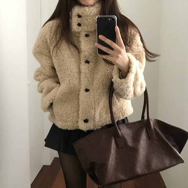 있음 선적 사이즈 업데이트 한국 chic 가을 겨울 한 부서 스탠드 칼라 학원 스타일 쇼트 스타일 양털 보온 재킷