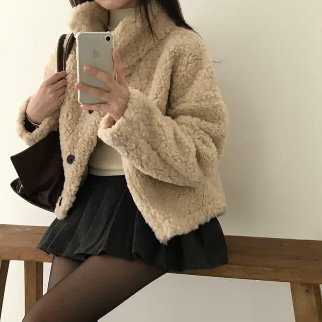 있음 선적 사이즈 업데이트 한국 chic 가을 겨울 한 부서 스탠드 칼라 학원 스타일 쇼트 스타일 양털 보온 재킷 상세 이미지 17