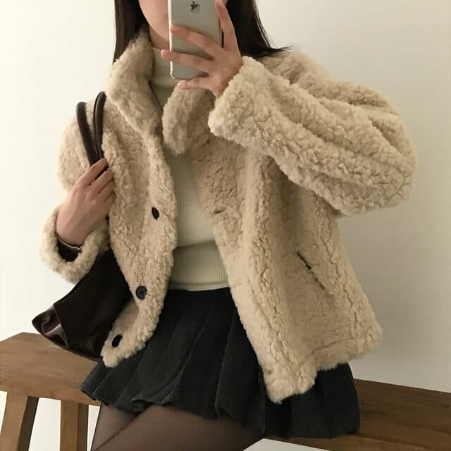 있음 선적 사이즈 업데이트 한국 chic 가을 겨울 한 부서 스탠드 칼라 학원 스타일 쇼트 스타일 양털 보온 재킷 상세 이미지 18