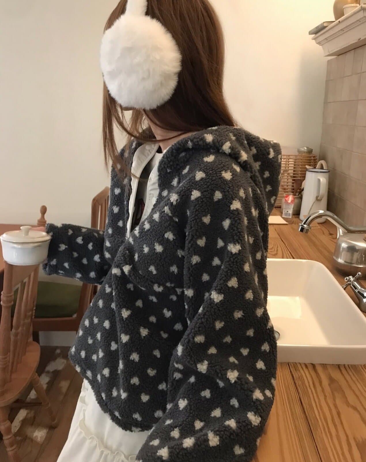 한국 chic 겨울 새로운 한 부서 하트 플리스 보온 펌프 로프 후드티