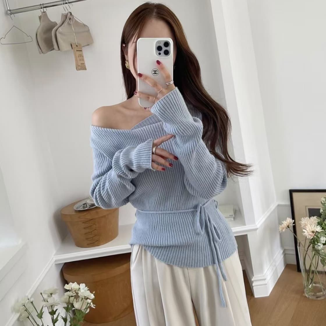 있음 선적 사이즈 업데이트 chic 가을 겨울 디자인 센스 V넥 레이스업 긴팔 니트 스웨터 여성 몸매 가꾸기 슬림해 보이는 맨위