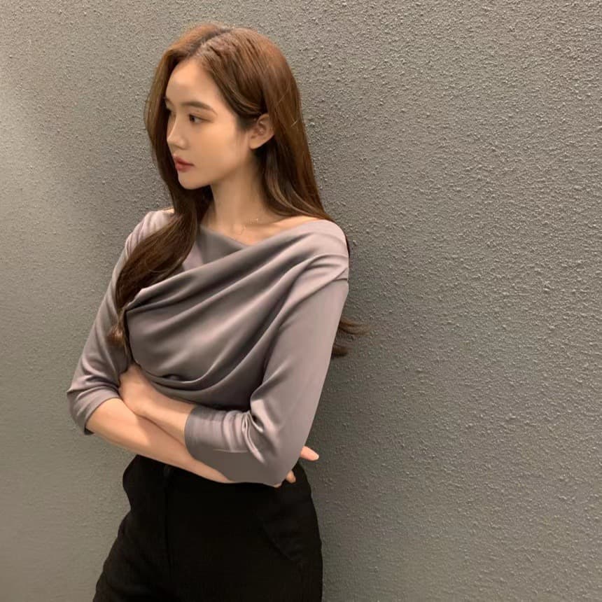 있음 선적 사이즈 업데이트 chic 가을 새로운 주름 칼라 7부 소매 티셔츠 여성 슬림해 보이는 만나는 맨위 이미지 3