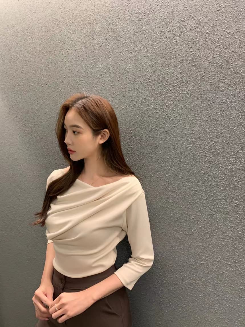 있음 선적 사이즈 업데이트 chic 가을 새로운 주름 칼라 7부 소매 티셔츠 여성 슬림해 보이는 만나는 맨위 상세 이미지 5
