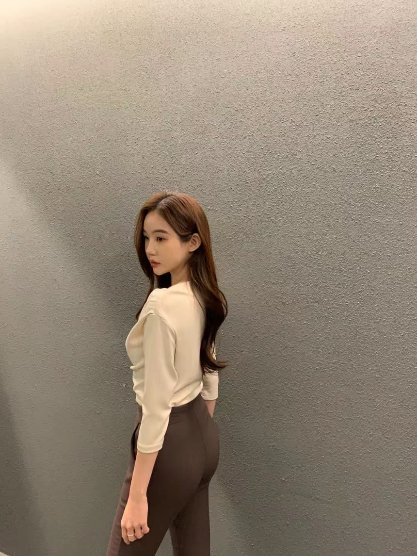 있음 선적 사이즈 업데이트 chic 가을 새로운 주름 칼라 7부 소매 티셔츠 여성 슬림해 보이는 만나는 맨위 상세 이미지 7