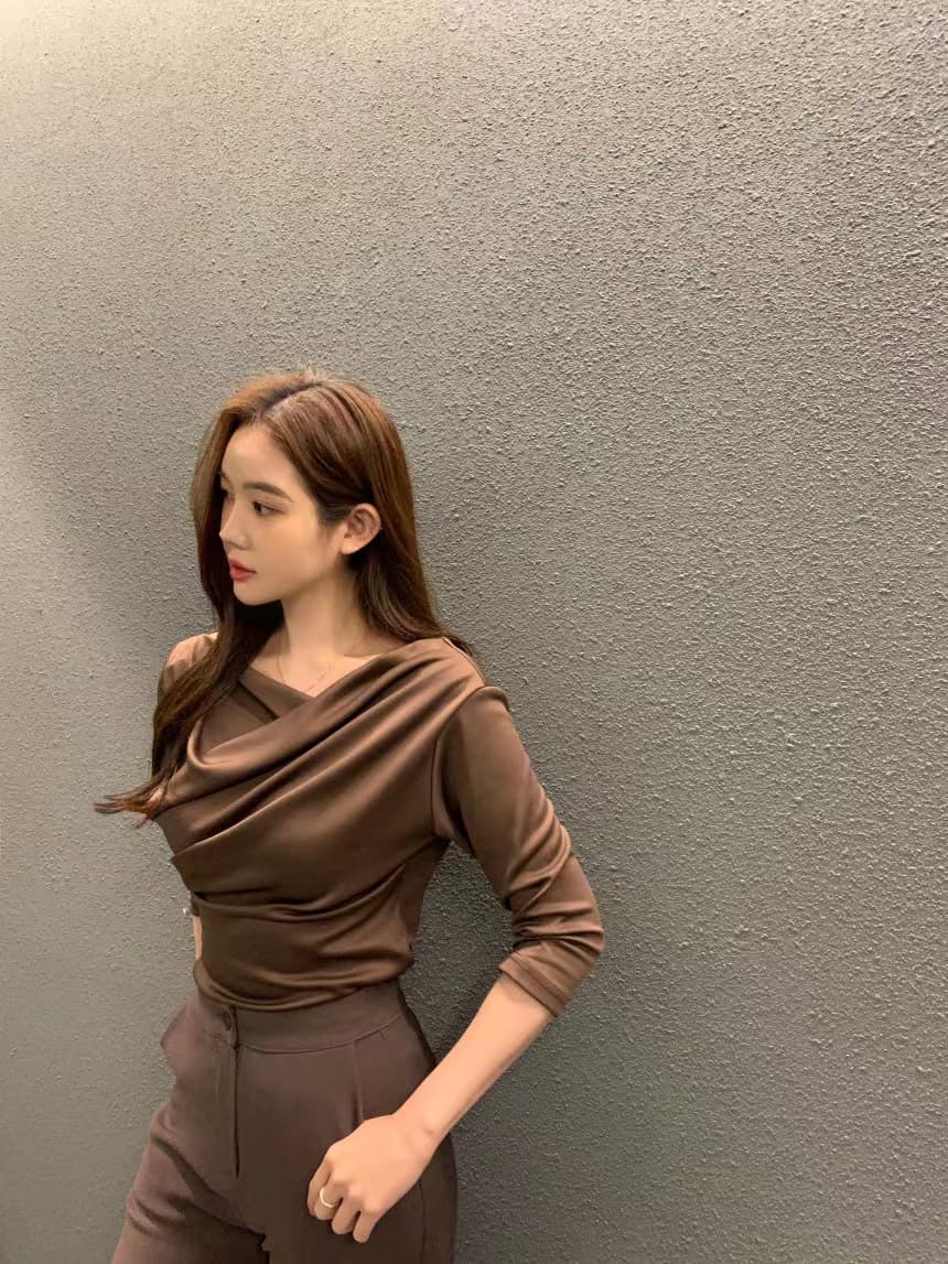 있음 선적 사이즈 업데이트 chic 가을 새로운 주름 칼라 7부 소매 티셔츠 여성 슬림해 보이는 만나는 맨위 상세 이미지 14