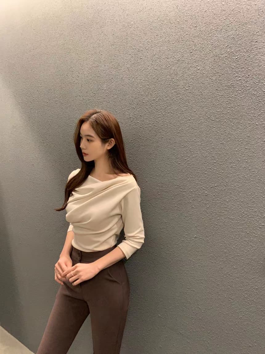 있음 선적 사이즈 업데이트 chic 가을 새로운 주름 칼라 7부 소매 티셔츠 여성 슬림해 보이는 만나는 맨위 상세 이미지 23