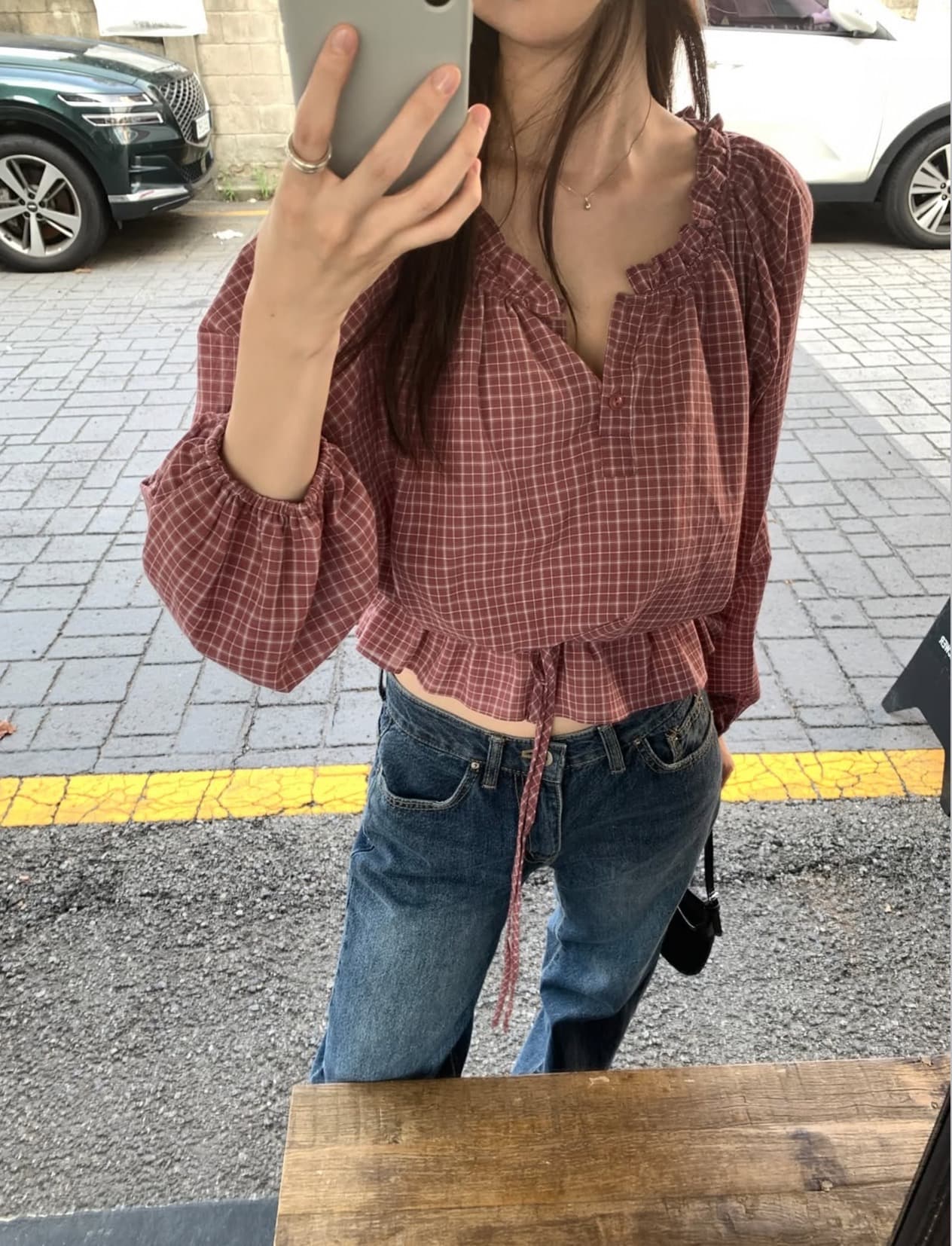 있음 선적 한국 chic 가을 새로운 한 부서 레트로 체크무늬 허리 수축 레이스 업 셔츠 상세 이미지 1