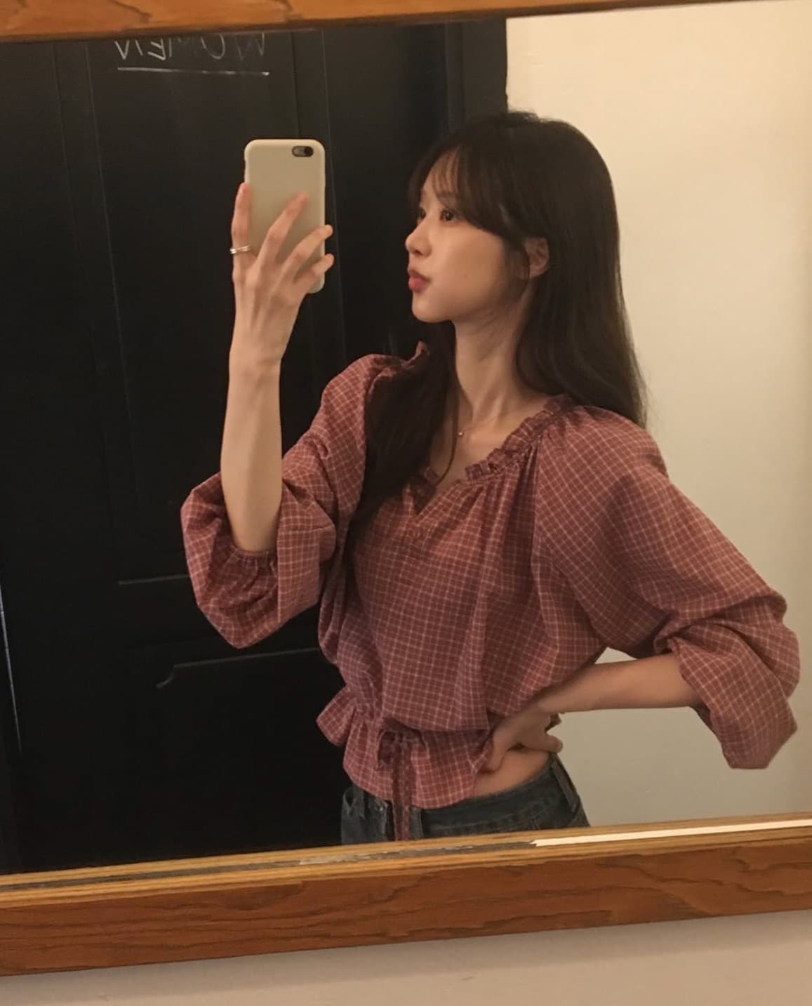 있음 선적 한국 chic 가을 새로운 한 부서 레트로 체크무늬 허리 수축 레이스 업 셔츠 상세 이미지 5