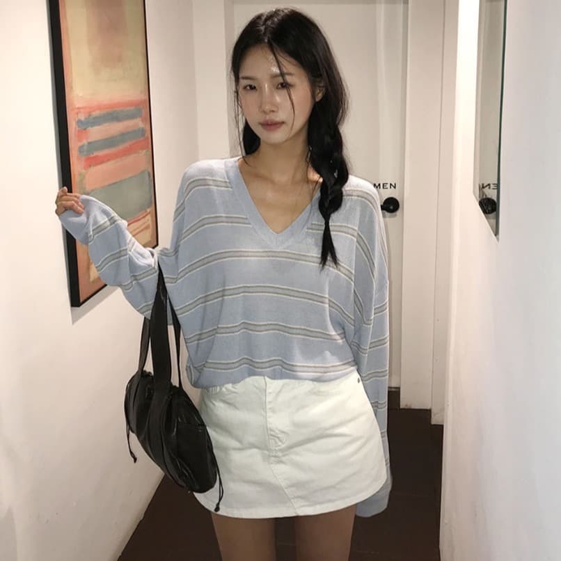 있음 선적 사이즈 업데이트 한국 chic 가을 새로운 한 부서 V넥 스트라이프 소나무 느슨함 센스 니트 스웨터