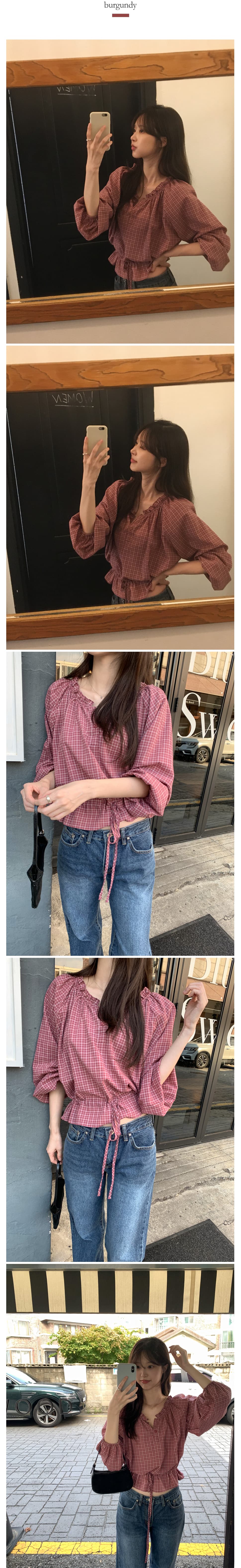 있음 선적 사이즈 업데이트 한국 chic 가을 새로운 한 부서 레트로 체크무늬 허리 수축 레이스 업 셔츠 상세 이미지 5