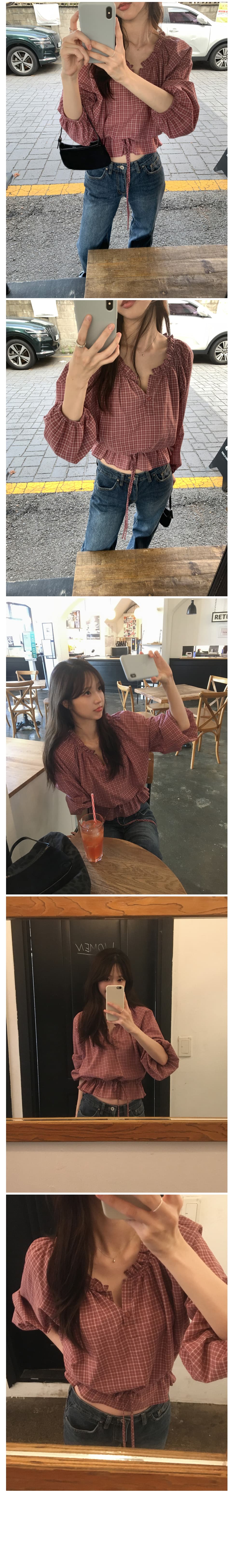 있음 선적 사이즈 업데이트 한국 chic 가을 새로운 한 부서 레트로 체크무늬 허리 수축 레이스 업 셔츠 상세 이미지 6