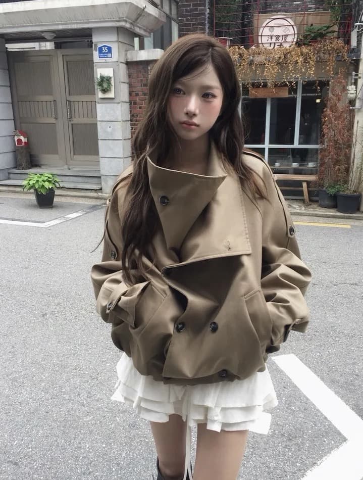한국 chic 겨울 새로운 ins 영국식 바람 레트로 이중 버튼 쇼트 스타일 바람막이 이미지 2