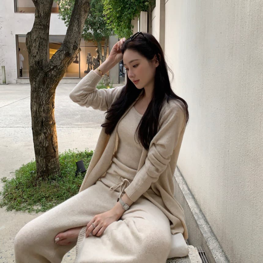 있음 선적 사이즈 업데이트 한국 chic 가을 겨울 고급 센스 캐미솔 카디건 코트 와이드 레그 팬츠 3종 세트 이미지 2