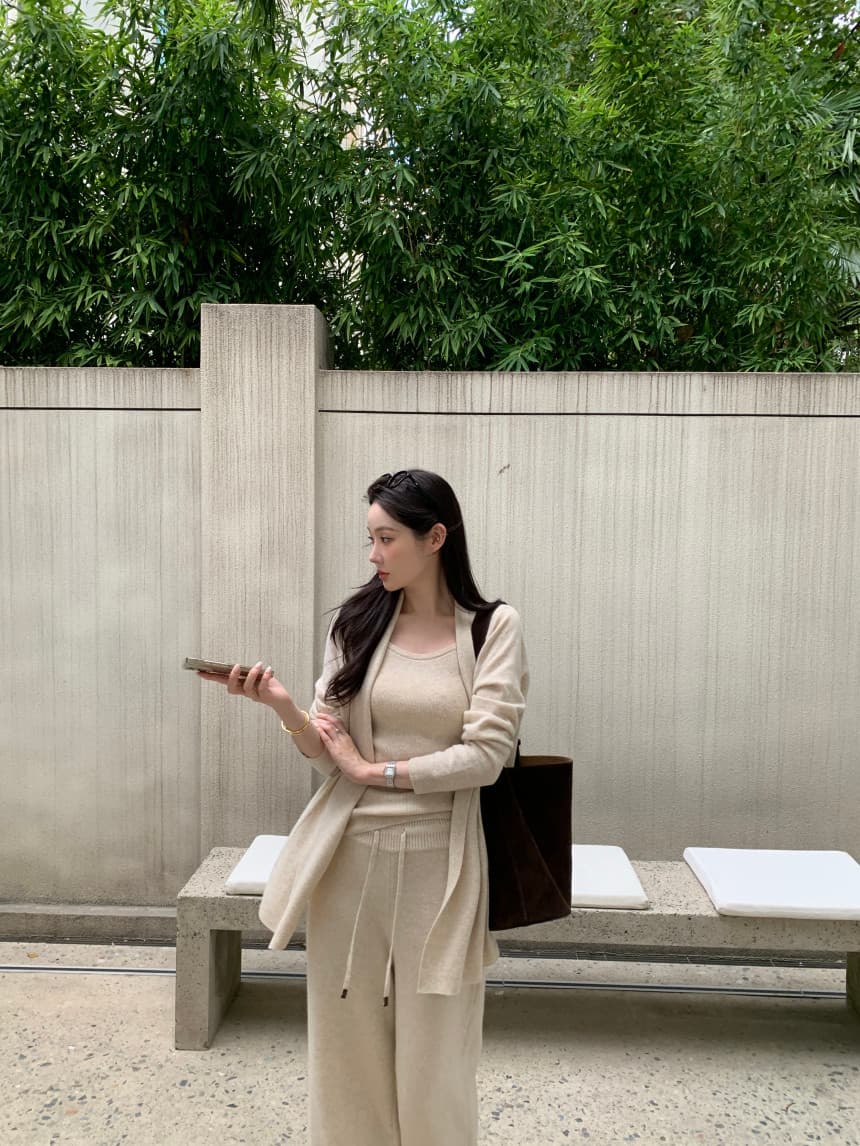 있음 선적 사이즈 업데이트 한국 chic 가을 겨울 고급 센스 캐미솔 카디건 코트 와이드 레그 팬츠 3종 세트 상세 이미지 6