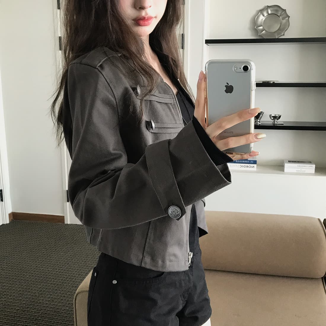 있음 선적 사이즈 업데이트 한국 chic 가을 겨울 새로운 레트로 스탠드 칼라 단추 지퍼 짧은 외투 상세 이미지 3