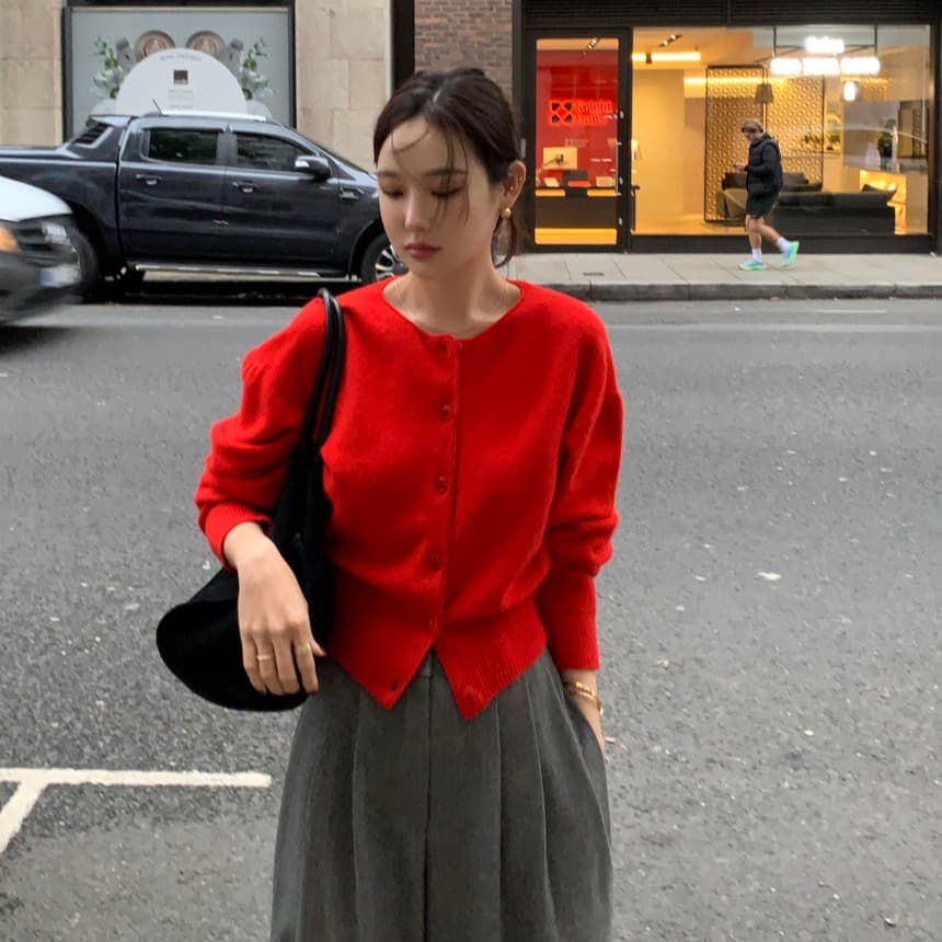있음 선적 사이즈 업데이트 한국 chic 가을 겨울 새로운 프랑스식 미니멀리즘 라운드 넥 행 싱글 버클 긴팔 니트 오픈 가디건 이미지 2