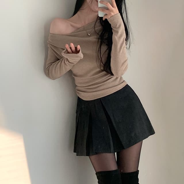 있음 선적 사이즈 업데이트 한국 chic 새로운 레트로 디자인 센스 오프숄더 긴팔 티셔츠 여성 상세 이미지 21