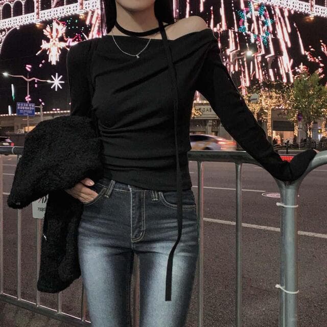 있음 선적 사이즈 업데이트 한국 chic 새로운 레트로 디자인 센스 오프숄더 긴팔 티셔츠 여성 상세 이미지 53