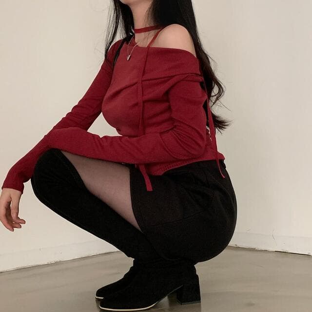 있음 선적 사이즈 업데이트 한국 chic 새로운 레트로 디자인 센스 오프숄더 긴팔 티셔츠 여성 상세 이미지 88