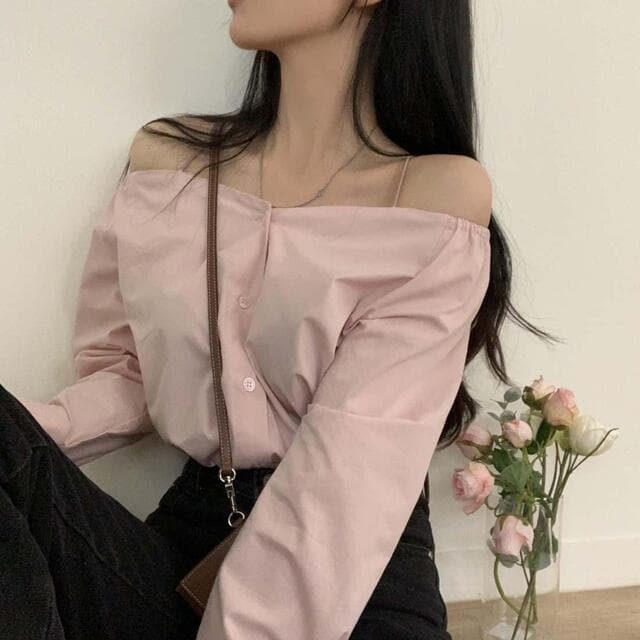 있음 선적 사이즈 업데이트 한국 chic 가을 프랑스식 오프숄더 슬립 긴팔 여성 셔츠 슬림해 보이는 다용도 셔츠 이미지 2