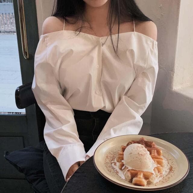 있음 선적 사이즈 업데이트 한국 chic 가을 프랑스식 오프숄더 슬립 긴팔 여성 셔츠 슬림해 보이는 다용도 셔츠 이미지 3