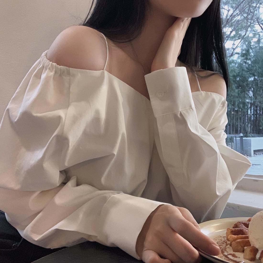 있음 선적 사이즈 업데이트 한국 chic 가을 프랑스식 오프숄더 슬립 긴팔 여성 셔츠 슬림해 보이는 다용도 셔츠 상세 이미지 1