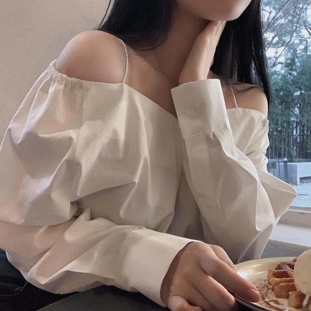 있음 선적 사이즈 업데이트 한국 chic 가을 프랑스식 오프숄더 슬립 긴팔 여성 셔츠 슬림해 보이는 다용도 셔츠 상세 이미지 4