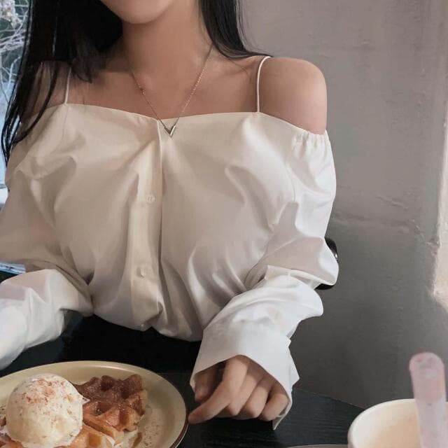 있음 선적 사이즈 업데이트 한국 chic 가을 프랑스식 오프숄더 슬립 긴팔 여성 셔츠 슬림해 보이는 다용도 셔츠 상세 이미지 12