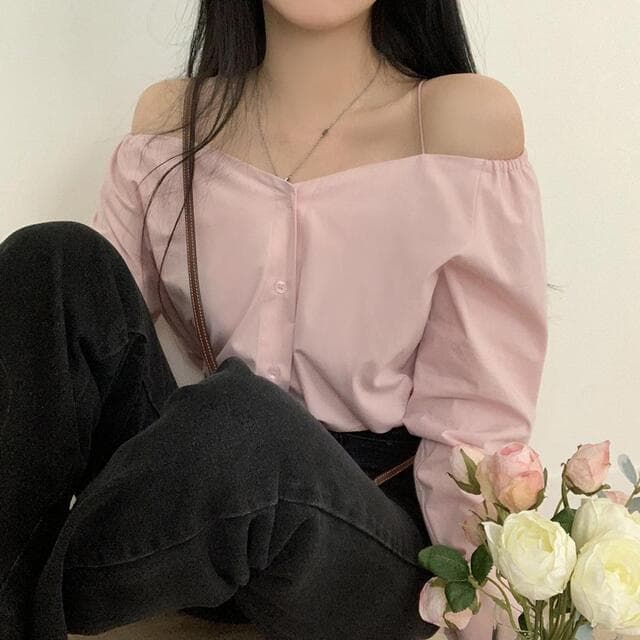 있음 선적 사이즈 업데이트 한국 chic 가을 프랑스식 오프숄더 슬립 긴팔 여성 셔츠 슬림해 보이는 다용도 셔츠 상세 이미지 23