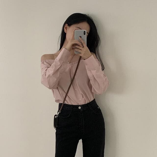 있음 선적 사이즈 업데이트 한국 chic 가을 프랑스식 오프숄더 슬립 긴팔 여성 셔츠 슬림해 보이는 다용도 셔츠 상세 이미지 28