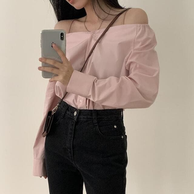 있음 선적 사이즈 업데이트 한국 chic 가을 프랑스식 오프숄더 슬립 긴팔 여성 셔츠 슬림해 보이는 다용도 셔츠 상세 이미지 30