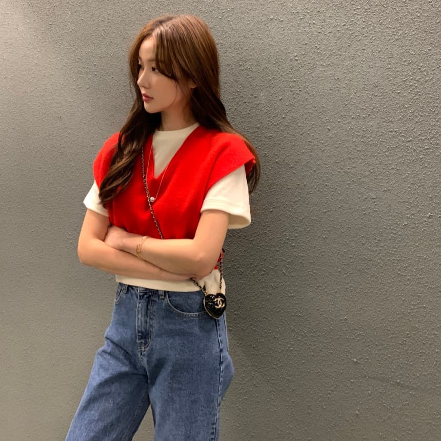 있음 선적 사이즈 업데이트 한국 chic 가을 레트로 V넥 베스트 스웨터 여자 루즈핏 다용도 니트 조끼 이미지 4