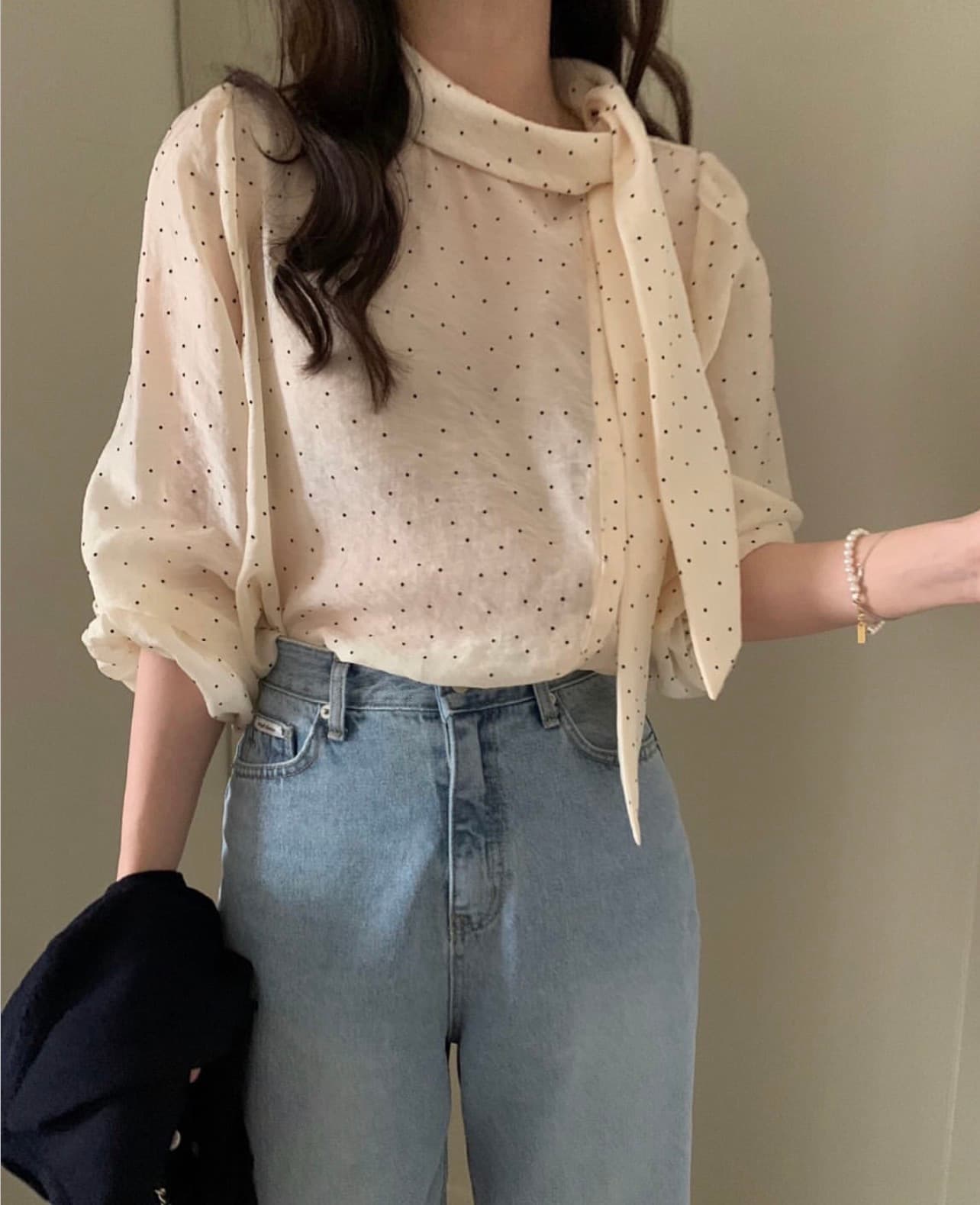 있음 선적 사이즈 업데이트 한국 chic 가을 새로운 한 부서 도트 무늬 리본 달콤함 긴팔 다용도 셔츠