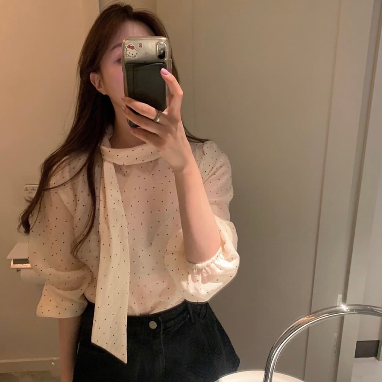 있음 선적 사이즈 업데이트 한국 chic 가을 새로운 한 부서 도트 무늬 리본 달콤함 긴팔 다용도 셔츠 이미지 2