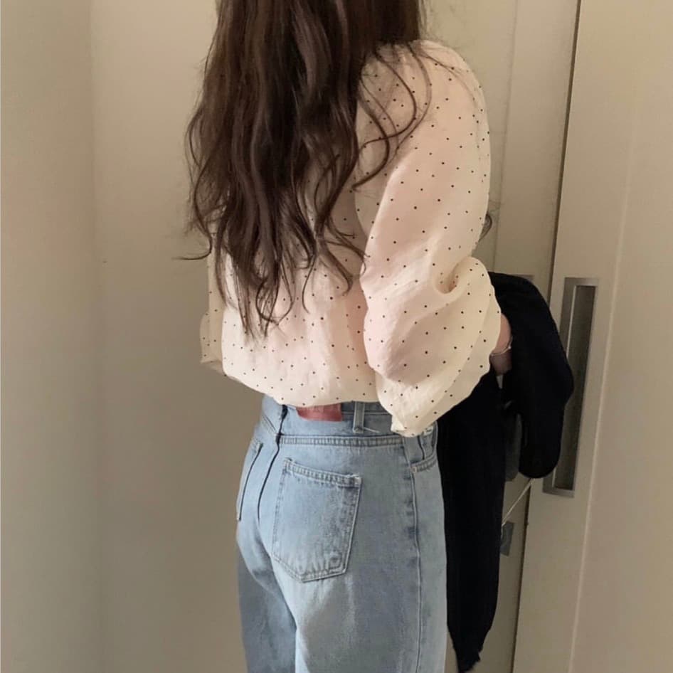 있음 선적 사이즈 업데이트 한국 chic 가을 새로운 한 부서 도트 무늬 리본 달콤함 긴팔 다용도 셔츠 이미지 5