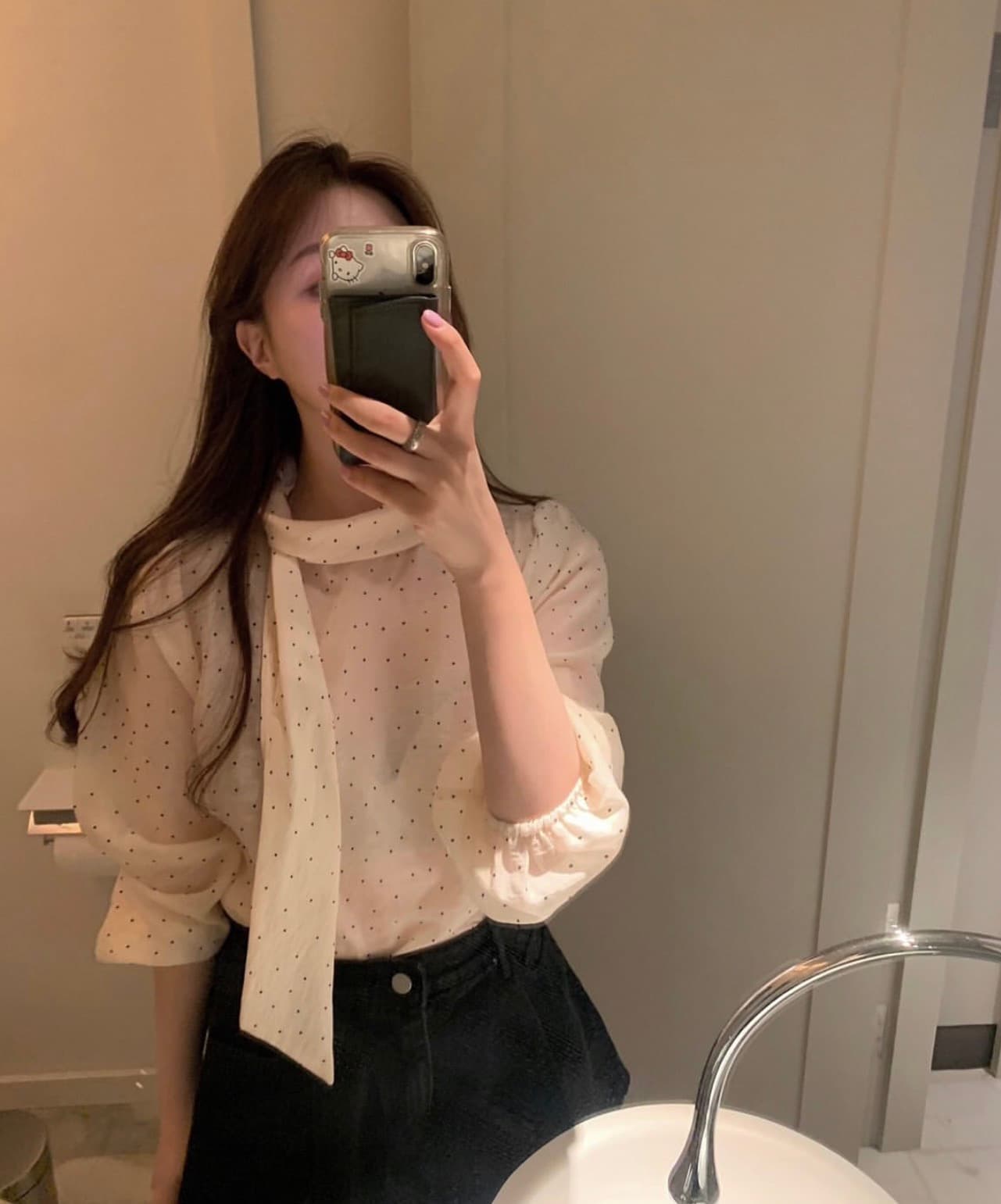 있음 선적 사이즈 업데이트 한국 chic 가을 새로운 한 부서 도트 무늬 리본 달콤함 긴팔 다용도 셔츠 상세 이미지 4