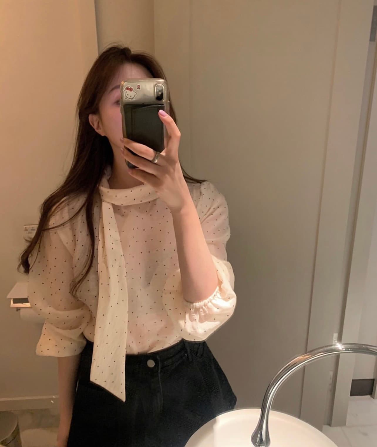 있음 선적 사이즈 업데이트 한국 chic 가을 새로운 한 부서 도트 무늬 리본 달콤함 긴팔 다용도 셔츠 상세 이미지 9