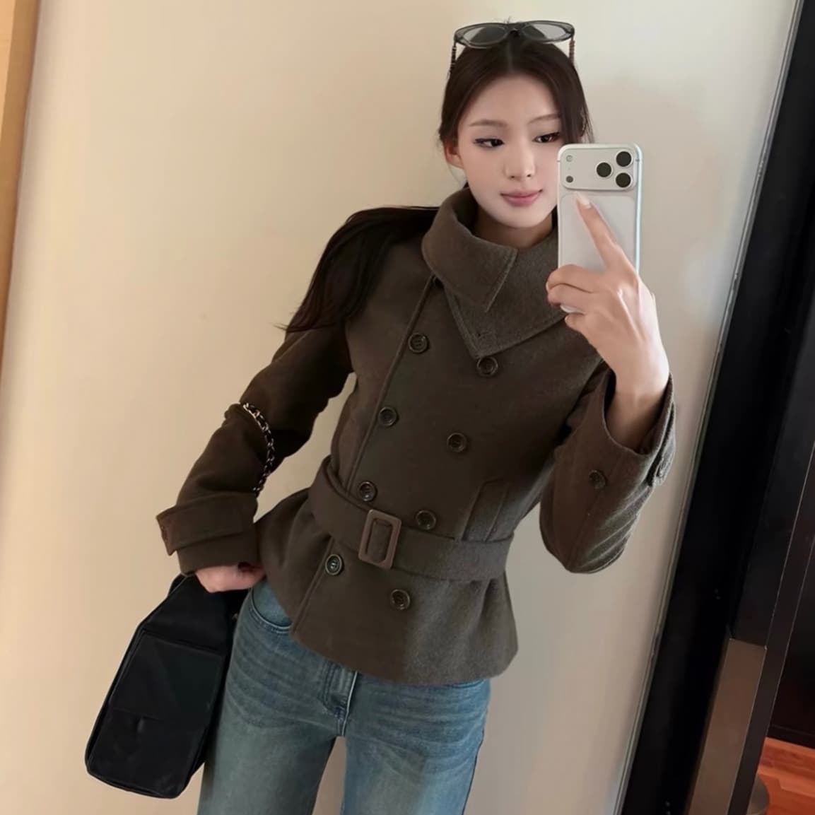 한국 chic 겨울 새로운 고급 센스 벨트 슬림해 보이는 이중 버튼 두꺼운 모직 외투 이미지 2