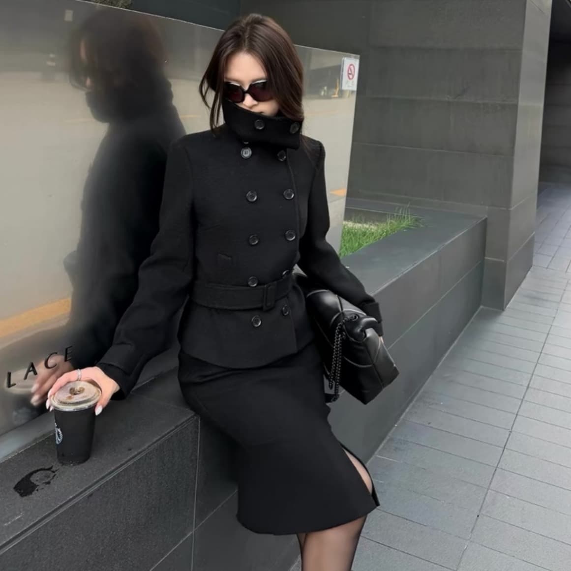 한국 chic 겨울 새로운 고급 센스 벨트 슬림해 보이는 이중 버튼 두꺼운 모직 외투 이미지 4