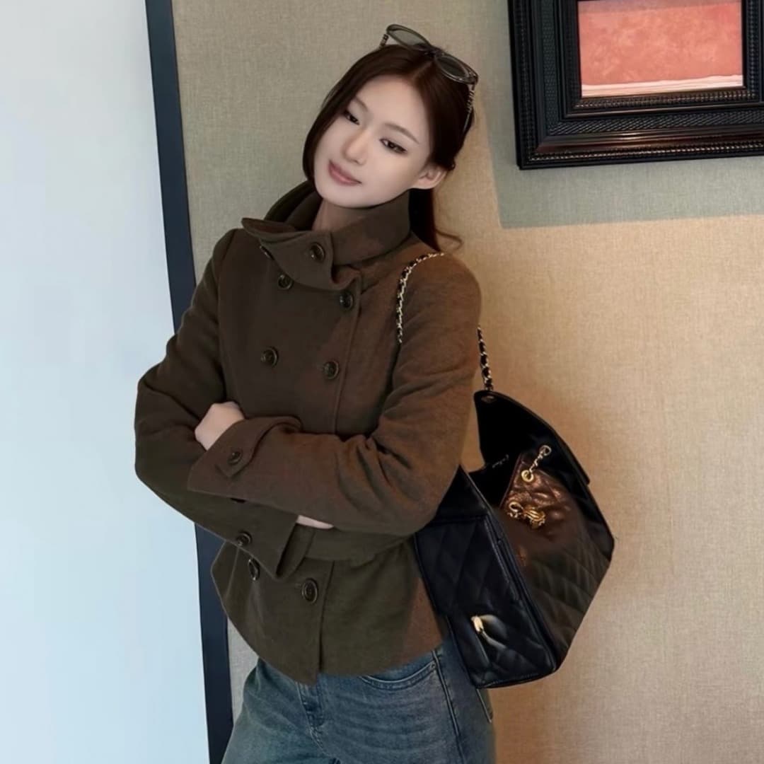 한국 chic 겨울 새로운 고급 센스 벨트 슬림해 보이는 이중 버튼 두꺼운 모직 외투 이미지 5