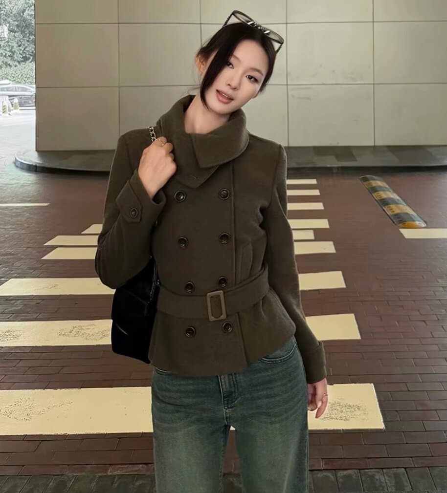 한국 chic 겨울 새로운 고급 센스 벨트 슬림해 보이는 이중 버튼 두꺼운 모직 외투 이미지 3