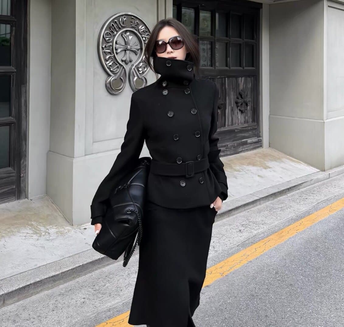 한국 chic 겨울 새로운 고급 센스 벨트 슬림해 보이는 이중 버튼 두꺼운 모직 외투 상세 이미지 1