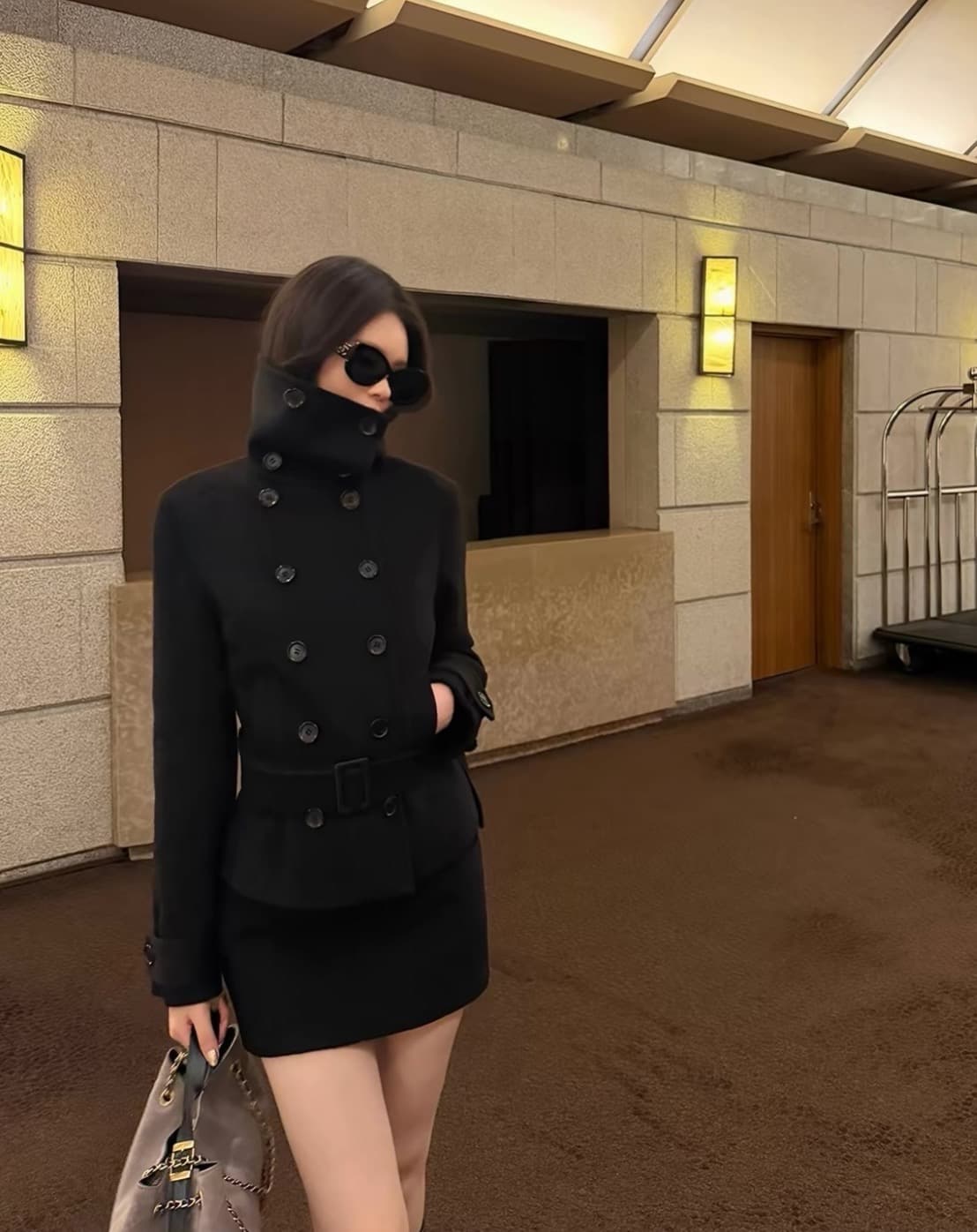 한국 chic 겨울 새로운 고급 센스 벨트 슬림해 보이는 이중 버튼 두꺼운 모직 외투 상세 이미지 3